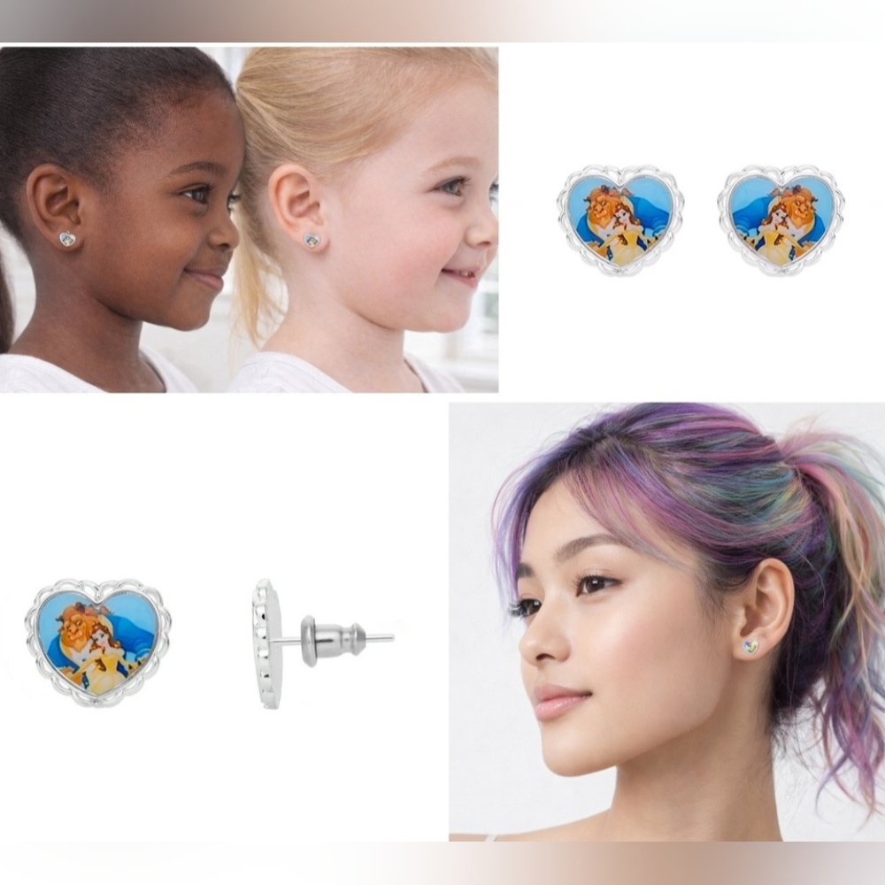 New Disney Princess Belle Beauty & The Beast Silver Plated Heart Stud Earrings